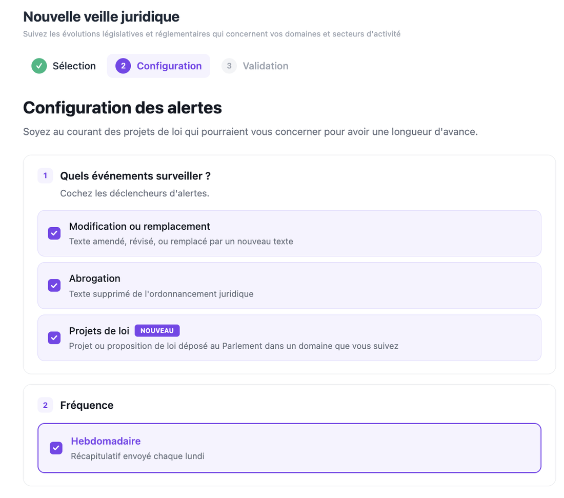 Configuration des alertes de veille dans Legal IQ